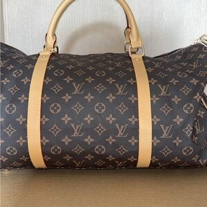 Brown and tan monogram duffel bag.